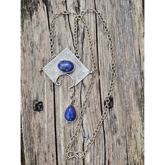 Vintage Sterling Silver & Blue Lapis Lazuli Modernist Pendant Necklace, 17" - Picture 10 of 10